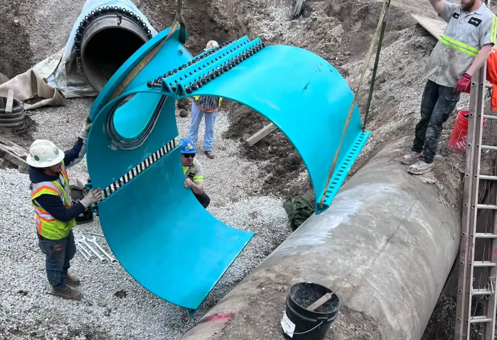 worker putting a sleeve on a concrete PCCP pipe for service.